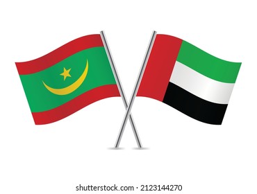 Mauritania and the United Arab Emirates crossed flags. Mauritanian and UAE flags isolated on white background. Vector icon set. Vector illustration.