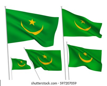 Mauritania vector flags set. 5 wavy 3D cloth pennants fluttering on the wind. EPS 8 created using gradient meshes isolated on white background. Five flagstaff design elements from world collection