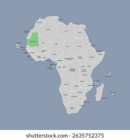 Mauritania vector map silhouette isolated on Africa map. Editable vector map of Africa. 