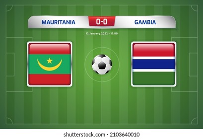 Mauritania vs Gambia scoreboard broadcast template for sport soccer africa tournament 2021 Group F and football championship in cameroon vector illustration