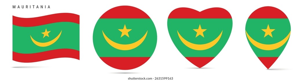 Mauritania waving flag, round circle sticker badge, heart shaped icon, map pin. Mauritanian flag buttons of different shapes. Vector illustration isolated on white.