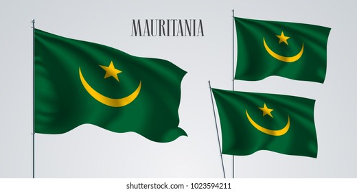 Mauritania waving flag set of vector illustration. Yellow green colors of  Mauritania wavy realistic flag as a patriotic symbol 