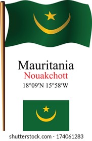 mauritania wavy flag and coordinates against white background, vector art illustration, image contains transparency