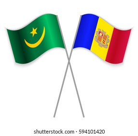 Mauritanian and Andorran crossed flags. Mauritania combined with Andorra isolated on white. Language learning, international business or travel concept.