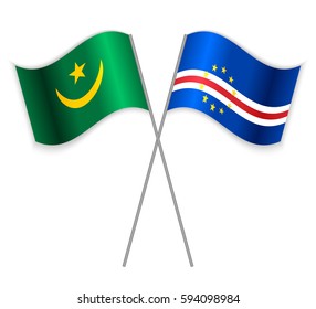 Mauritanian and Cabo Verdean crossed flags. Mauritania combined with Cape Verde isolated on white. Language learning, international business or travel concept.