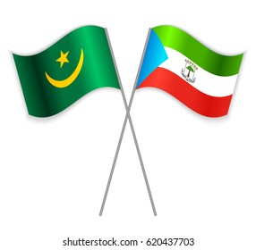 Mauritanian and Equatorial Guinean crossed flags. Mauritania combined with Equatorial Guinea isolated on white. Language learning, international business or travel concept.