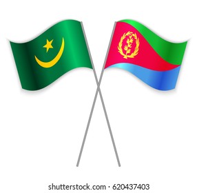 Mauritanian and Eritrean crossed flags. Mauritania combined with Eritrea isolated on white. Language learning, international business or travel concept.