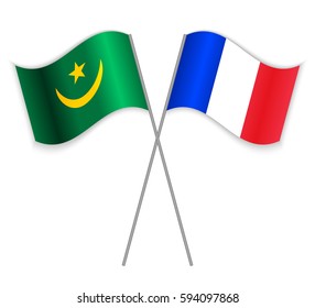 Mauritanian and French crossed flags. Mauritania combined with France isolated on white. Language learning, international business or travel concept.