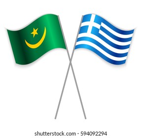 Mauritanian and Greek crossed flags. Mauritania combined with Greece isolated on white. Language learning, international business or travel concept.