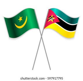 Mauritanian and Mozambican crossed flags. Mauritania combined with Mozambique isolated on white. Language learning, international business or travel concept.