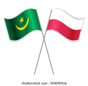 Mauritanian and Polish crossed flags. Mauritania combined with Poland isolated on white. Language learning, international business or travel concept.