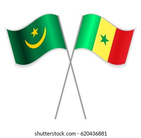 Mauritanian and Senegalese crossed flags. Mauritania combined with Senegal isolated on white. Language learning, international business or travel concept.