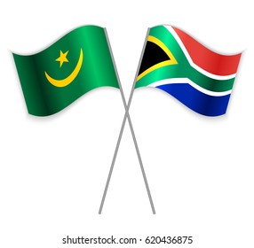 Mauritanian and South African crossed flags. Mauritania combined with South Africa isolated on white. Language learning, international business or travel concept.