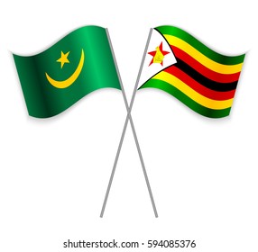 Mauritanian and Zimbabwean crossed flags. Mauritania combined with Zimbabwe isolated on white. Language learning, international business or travel concept.