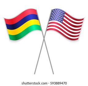 Mauritian and American crossed flags. Mauritius combined with United States of America isolated on white. Language learning, international business or travel concept.