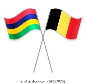 Mauritian and Belgian crossed flags. Mauritius combined with Belgium isolated on white. Language learning, international business or travel concept.
