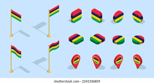 Mauritian flag (Republic of Mauritius). 3D isometric flag set icon. Editable vector for banner, poster, presentation, infographic, website, apps, maps, and other uses.