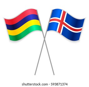 Mauritian and Icelandic crossed flags. Mauritius combined with Iceland isolated on white. Language learning, international business or travel concept.