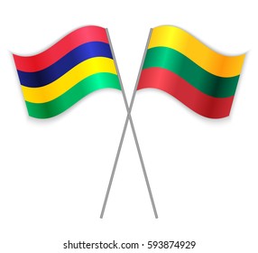 Mauritian and Lithuanian crossed flags. Mauritius combined with Lithuania isolated on white. Language learning, international business or travel concept.