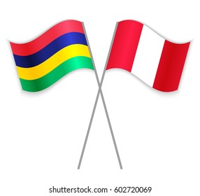 Mauritian and Peruvian crossed flags. Mauritius combined with Peru isolated on white. Language learning, international business or travel concept.