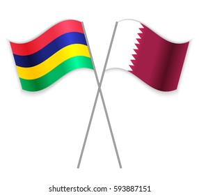 Mauritian and Qatari crossed flags. Mauritius combined with Qatar isolated on white. Language learning, international business or travel concept.