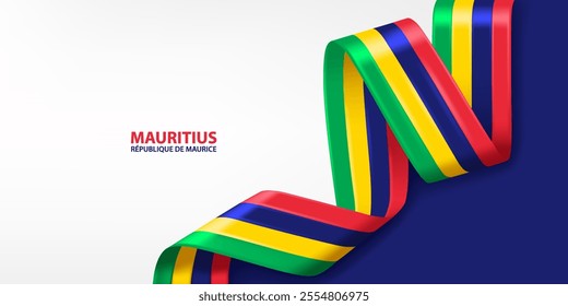 Mauritius 3D ribbon flag. Bent waving 3D flag in colors of the Mauritius national flag. National flag background design.