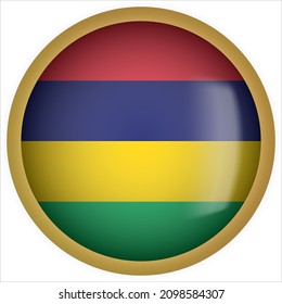 Mauritius 3D rounded Flag Button Icon with Gold Frame