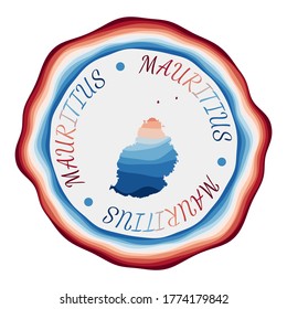 Mauritius badge. Map of the island with beautiful geometric waves and vibrant red and blue frame. Vivid round Mauritius logo. Vector illustration.