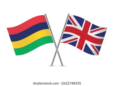 Mauritius and Britain crossed flags. Mauritian and British flags isolated on a white background. Vector icon set. Vector illustration.