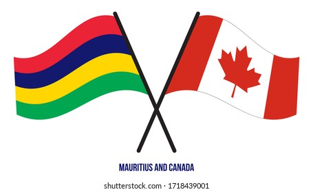 Mauritius and Canada Flags Crossed And Waving Flat Style. Official Proportion. Correct Colors.