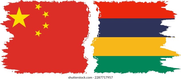 Verbindung mit Mauritius und China mit Grunge-Flaggen, Vektorgrafik
