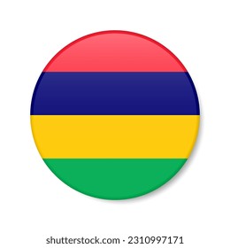 Mauritius circle button icon. Mauritian round badge flag with shadow. 3D realistic vector illustration isolated on white.