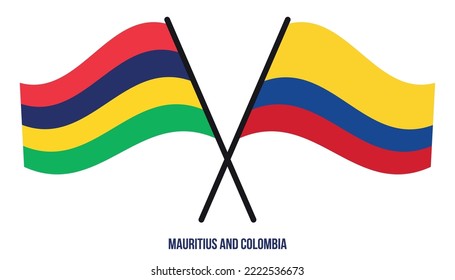 Mauritius and Colombia Flags Crossed And Waving Flat Style. Official Proportion. Correct Colors.