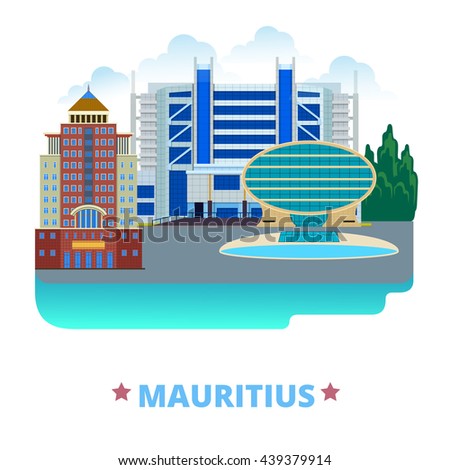 Mauritius country design template. Flat cartoon style historic sight web vector illustration. World vacation travel sightseeing Africa African collection. Commercial Bank Ebene Cyber State Bank Tower.