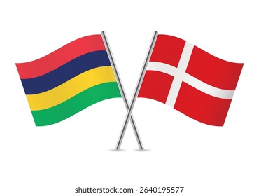 Mauritius and Denmark crossed flags. Mauritian and Danish flags on a white background. Vector icon set. Vector illustration.