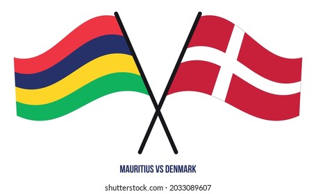 Mauritius and Denmark Flags Crossed And Waving Flat Style. Official Proportion. Correct Colors.