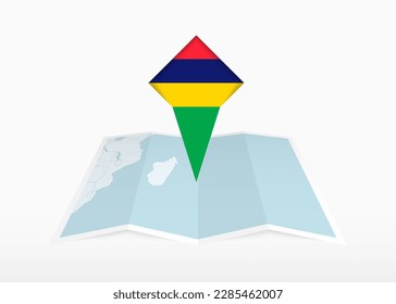 Mauricio está representado en un mapa de papel doblado y un marcador de ubicación con una bandera de Mauricio. Mapa vectorial doblado.