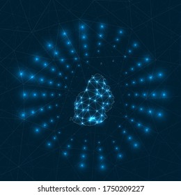 Mauritius digital map. Glowing rays radiating from the island. Network connections and telecommunication design. Vector illustration.