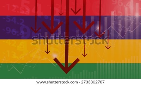 Mauritius economic collapse, increasing values with cubes, financial decline, crisis and downgrade concept, Mauritius flag with upward rising arrow, dollar USD symbol, fail and decrease