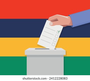 Mauritius election concept. Hand puts vote bulletin into vote box.