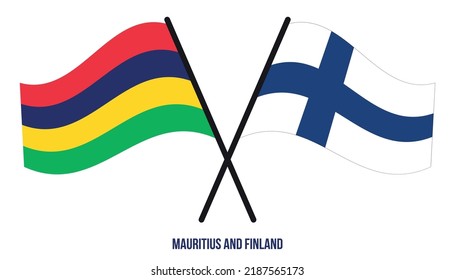 Mauritius and Finland Flags Crossed And Waving Flat Style. Official Proportion. Correct Colors.