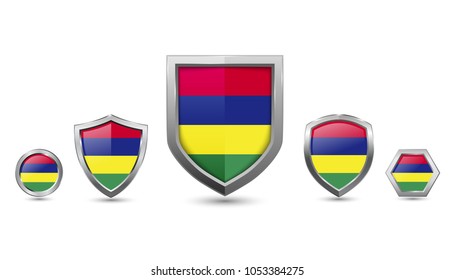 Mauritius flag badges with silver shape shield, circle and hexagon