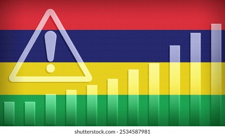 Mauritius flag with burlap texture, warning sign, and rising bar chart symbolizing increasing risk or growth challenges in the country. Ideal for data presentations.