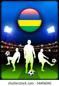 Mauritius Flag Button with Soccer Match in Stadium Original Illustration