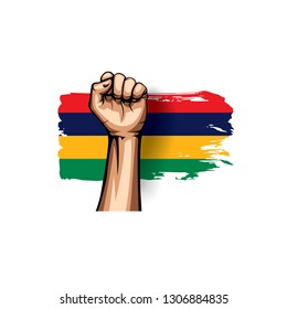 Mauritius flag and hand on white background. Vector illustration
