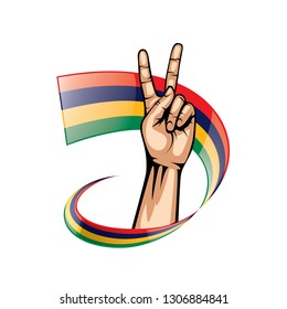 Mauritius flag and hand on white background. Vector illustration