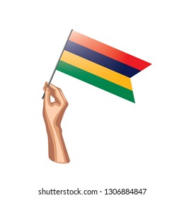 Mauritius flag and hand on white background. Vector illustration