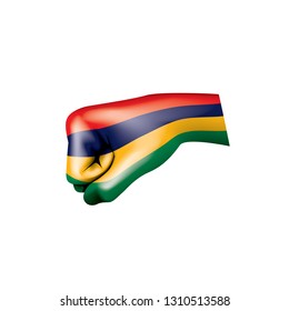 Mauritius flag and hand on white background. Vector illustration