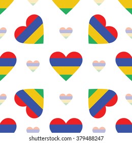 Mauritius flag heart seamless pattern. Patriotic Mauritius flag background. Country flag in the shape of heart. Vector seamless pattern.