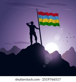 Mauritius Flag hoisted on a mountain peak with a purplish sunset in the background, vector illustration